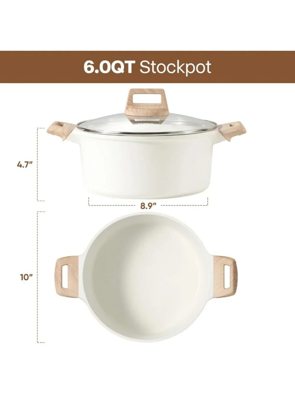 6 Qt Nonstick Stock Pot with Lid - Easy Clean Casserole, PFOA Free, White